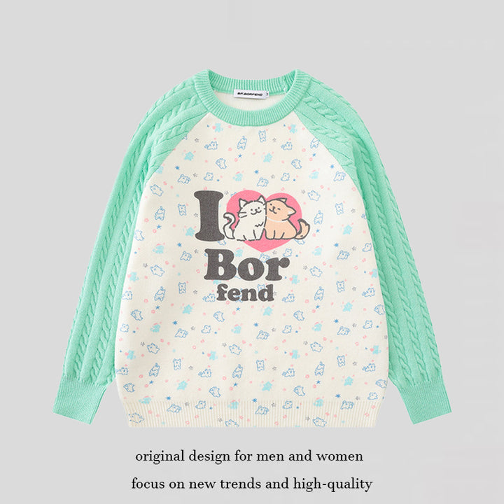 Damen Strickpullover mit Raglanärmeln, Zopfmuster-Ärmeln und Cartoon-Katzenfrontprint Drune