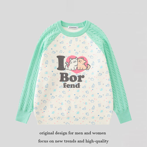 Damen Strickpullover mit Raglanärmeln, Zopfmuster-Ärmeln und Cartoon-Katzenfrontprint Drune