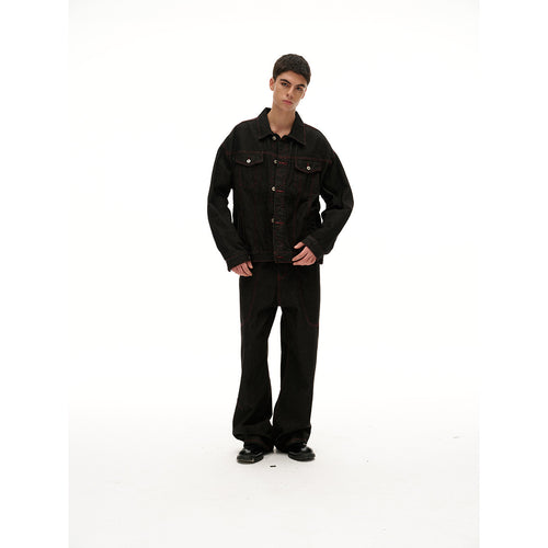 Herren Boxy‑Denimjacke mit roten Kontrastnähten und Metallknöpfen Drune