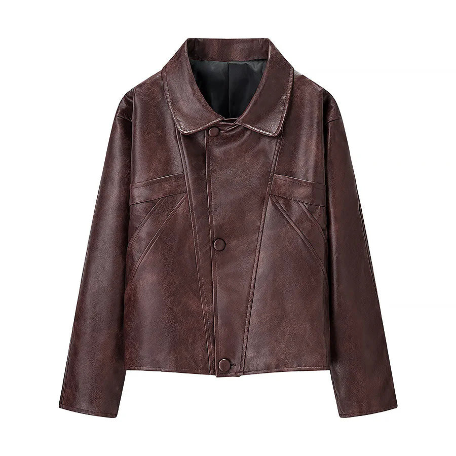 Damen nan kurze Cropped Kunstlederjacke im Vintage-Look mit Hemdkragen, geometrischen Nahtpaneelen und verdeckter Druckknopfleiste Drune