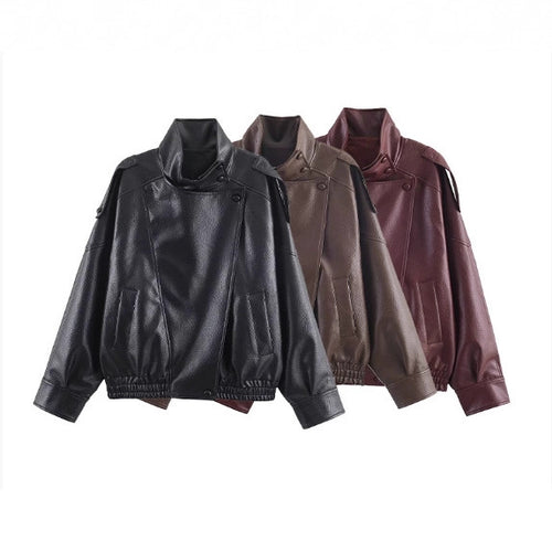 Damen 3400+ Cropped Kunstleder‑Blouson mit asymmetrischer Druckknopfleiste, hohem Stehkragen und elastischem Saum Drune