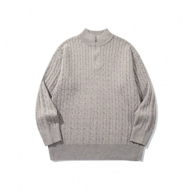 Unisex Oversize Zopfstrick-Halbzippullover mit kurzem Stehkragen und breitem Rippbund Drune