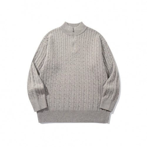 Unisex Oversize Zopfstrick-Halbzippullover mit kurzem Stehkragen und breitem Rippbund Drune