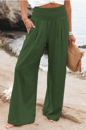 Damen weite Leinenhose mit elastischem Taillenbund und seitlichen Falten Drune