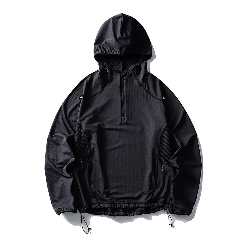 Unisex Leichter Oversize Kapuzenpullover mit Halbzip, gesteppte Einsätze und Tunnelzug Drune