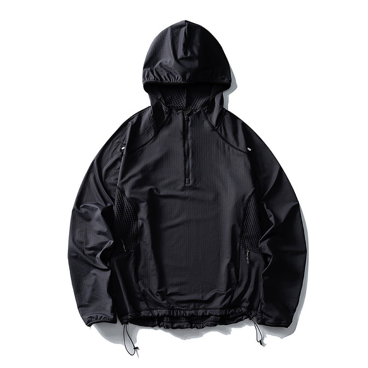 Unisex Leichter Oversize Kapuzenpullover mit Halbzip, gesteppte Einsätze und Tunnelzug Drune