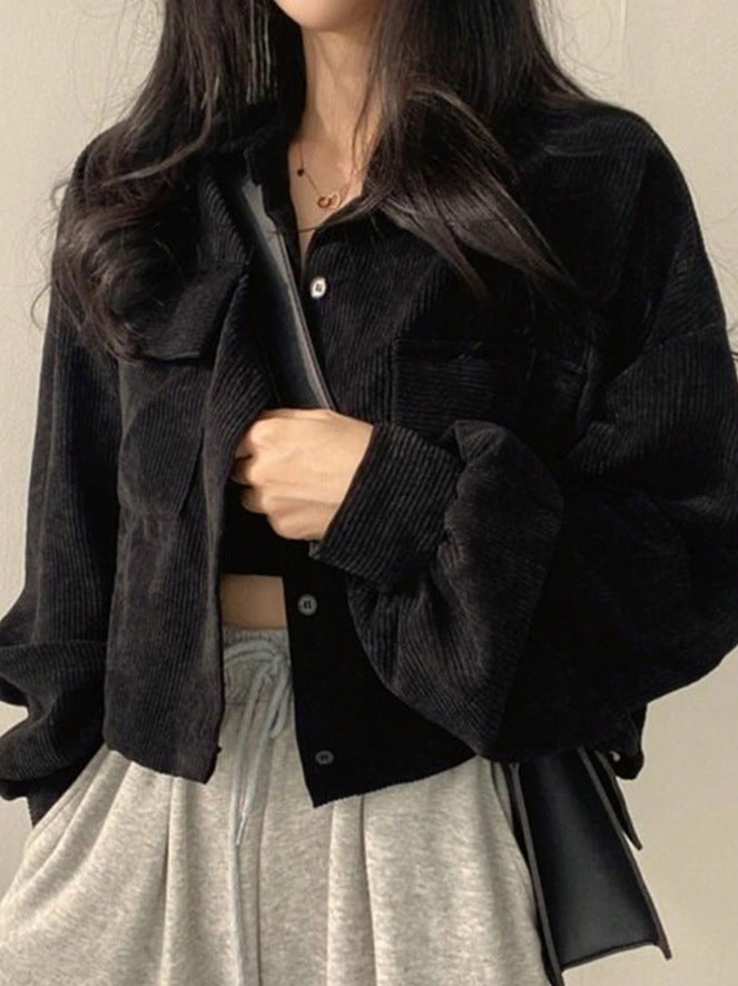 Damen Kurzgeschnittene Cordjacke mit Oversize-Ärmeln und Brusttaschen Drune
