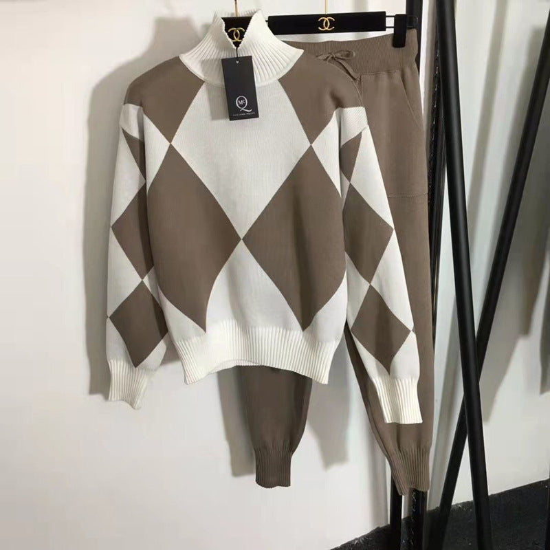 Damen stylisches Freizeitstrickset mit hohem Kragen Drune
