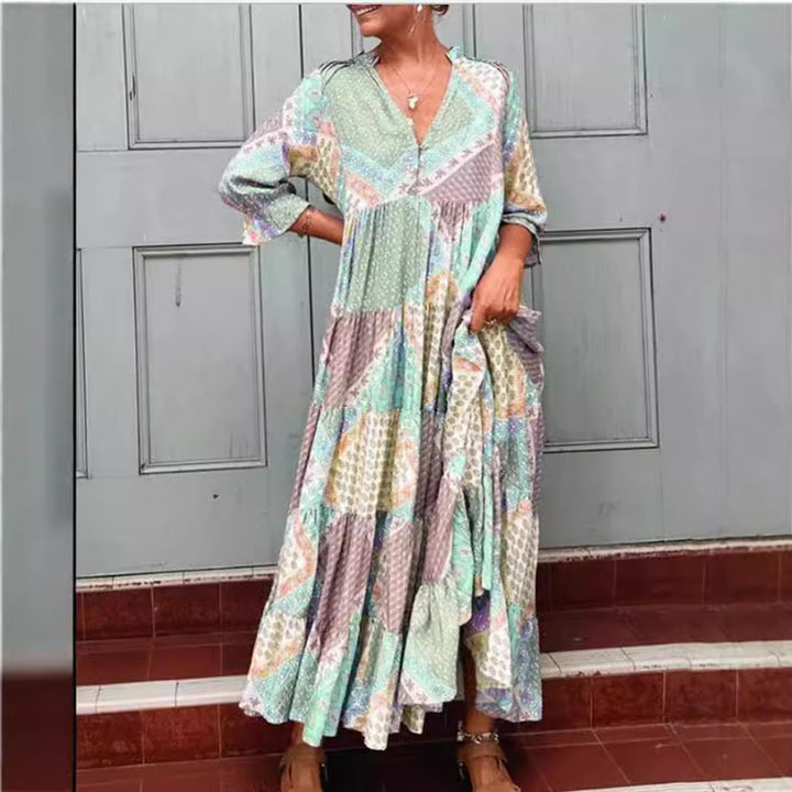 Damen nan luftiges Maxikleid im Patchwork-Boho-Stil mit V-Ausschnitt, gerafftem Oberteil und ausgestelltem Stufensaum Drune