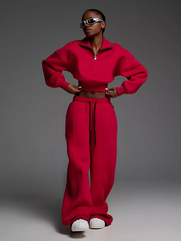 Damen kurzes Half-Zip Crop-Sweatshirt mit hoher Taille und weitem Sweatpants-Set Drune