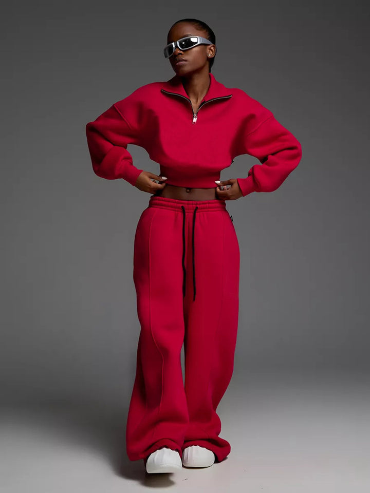 Damen kurzes Half-Zip Crop-Sweatshirt mit hoher Taille und weitem Sweatpants-Set Drune