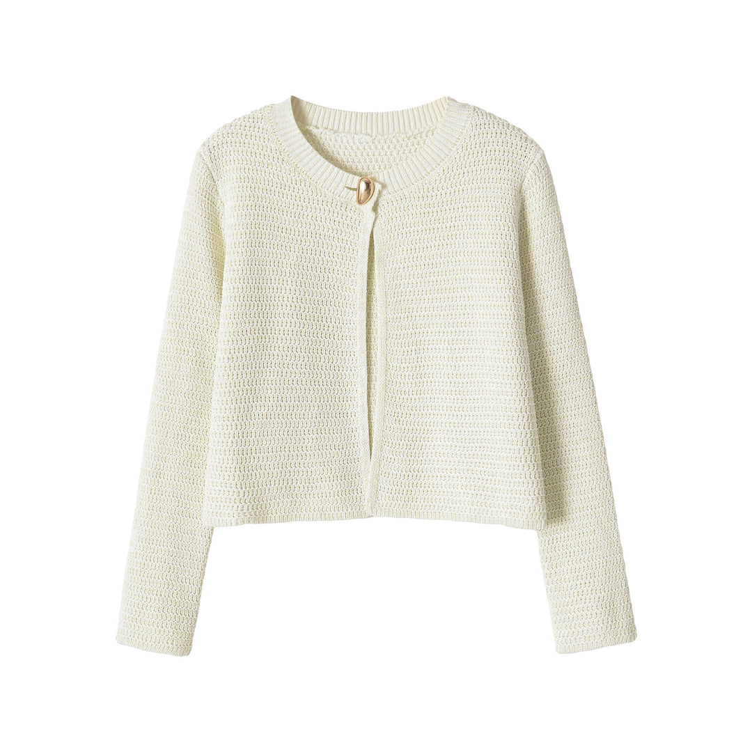 Damen Kurze gehäkelte Boxy-Strickjacke mit dekorativem Schmuckverschluss Drune