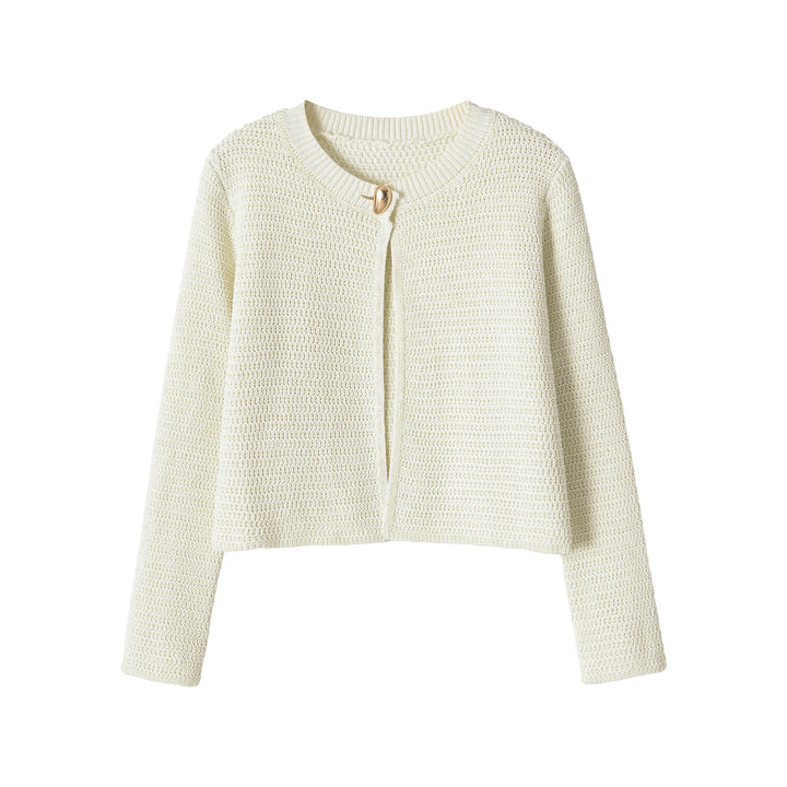 Damen Kurze gehäkelte Boxy-Strickjacke mit dekorativem Schmuckverschluss Drune