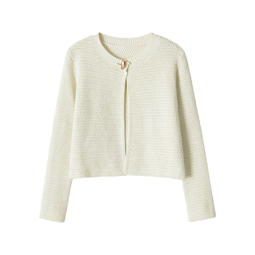 Damen Kurze gehäkelte Boxy-Strickjacke mit dekorativem Schmuckverschluss Drune