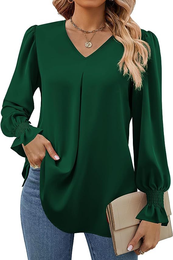 Damen elegante Bluse mit V-Ausschnitt und voluminösen Ärmeln Drune