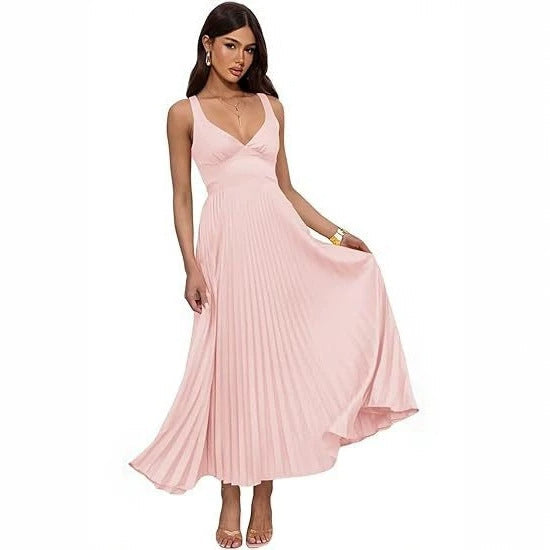 Damen Plissiertes Maxikleid mit vorteilhaftem V-Ausschnitt und femininem Design Drune