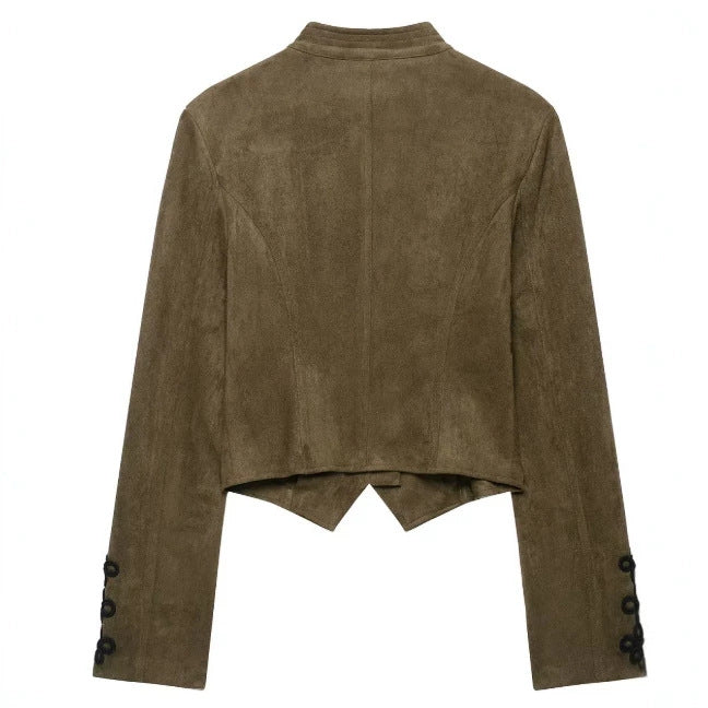 Damen Kurz geschnittene Wildlederjacke im Military‑Look mit Stehkragen und dekorativer Kordelfrosch‑Applikation Drune