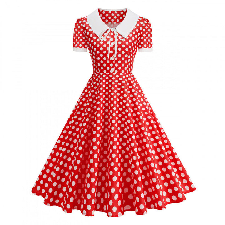 Damen Retro Maxikleid mit Kragen und Punkten Drune