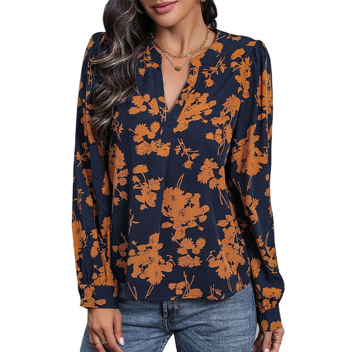 Damen Lockeres Blusenshirt mit V-Ausschnitt, floralem Alloverprint, Ballonärmeln und Manschetten Drune