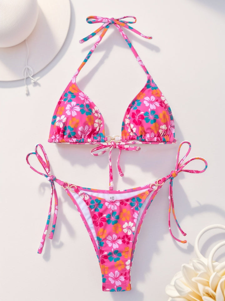 Damen Triangel-Bikini mit raffinierten Bindebändern und farbenfrohem Blumenmuster Drune