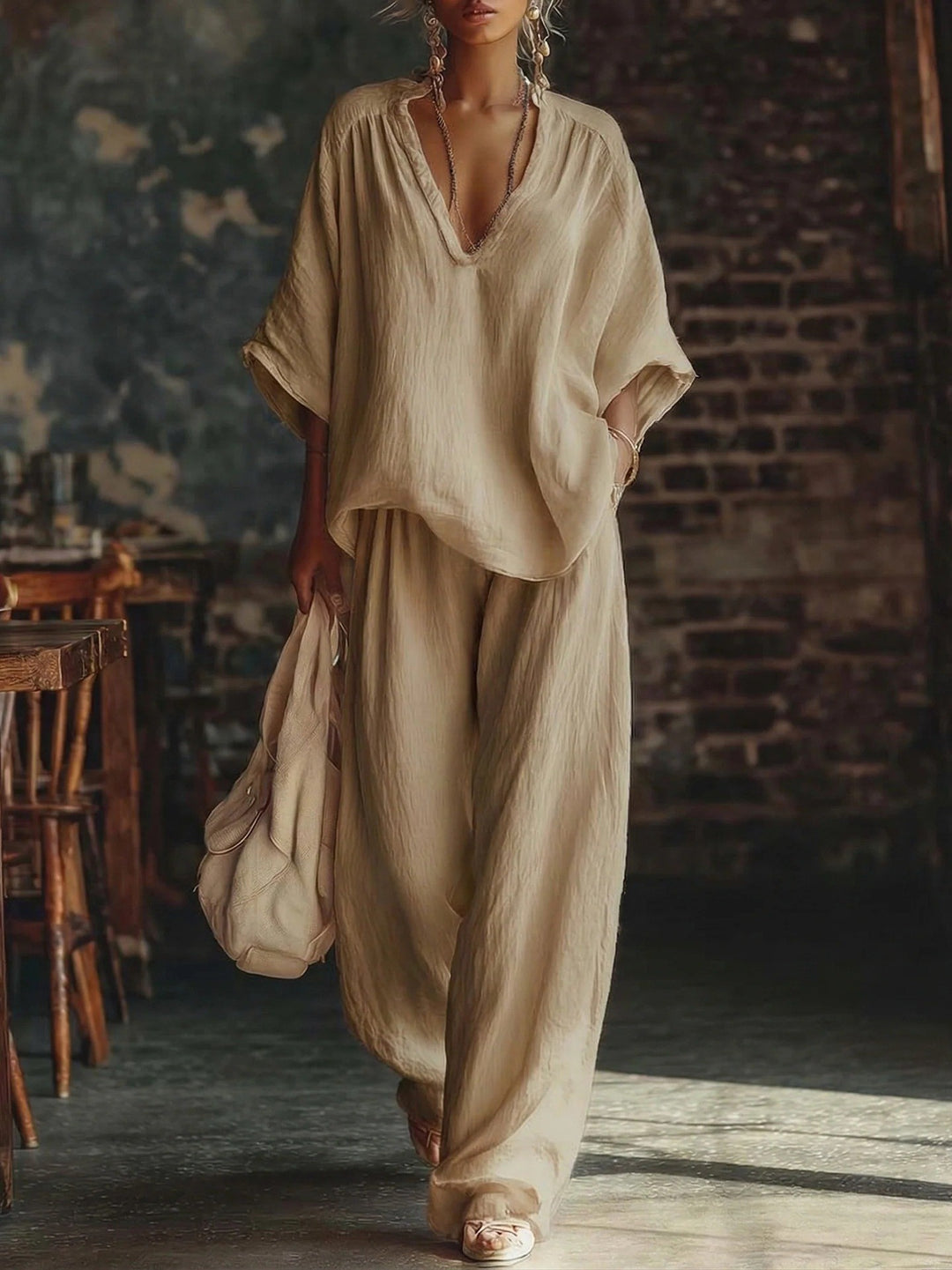 Damen nan lässiges zweiteiliges Leinenoptik-Set mit tiefem V-Ausschnitt, Oversize-Bluse und weitem Palazzo-Hosen Drune