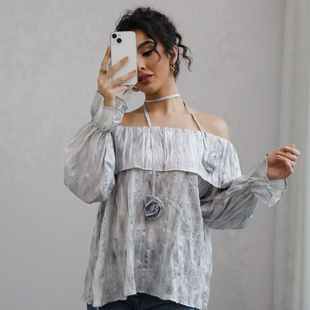 Damen Schulterfreies Crinkle-Blusentop mit Volant, Ballonärmeln und Choker Drune