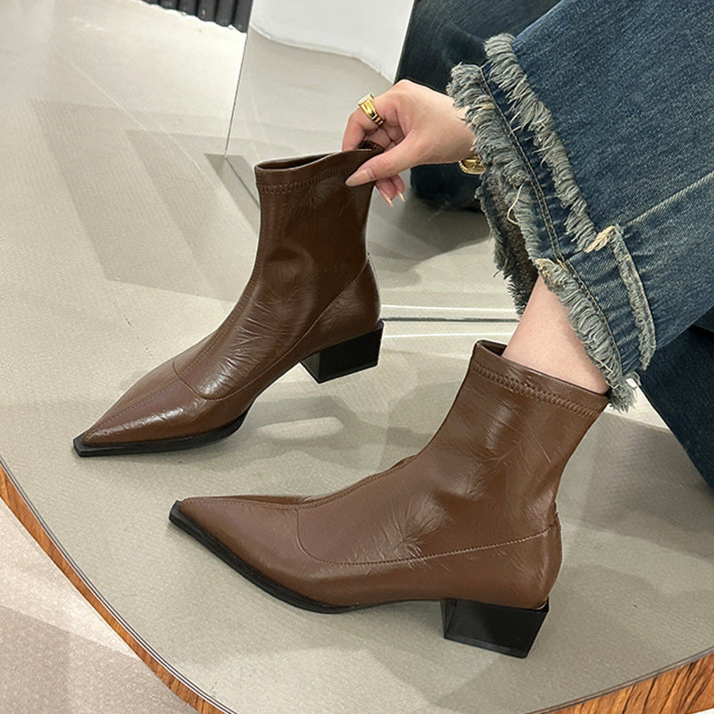 Damen elegante Stiefeletten mit spitzem Zehenbereich und Blockabsatz Drune