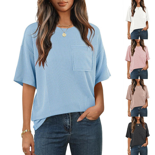 Damen lässiges gestreiftes T-Shirt mit Brusttasche Drune