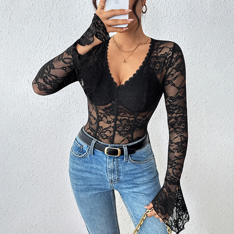 Damen Taillierter Spitzen-Corset-Body mit V-Ausschnitt, langen Trompetenärmeln und formenden Bügeln Drune