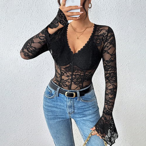 Damen Taillierter Spitzen-Corset-Body mit V-Ausschnitt, langen Trompetenärmeln und formenden Bügeln Drune