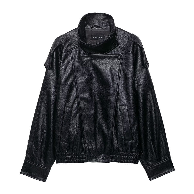 Damen Cropped Kunstleder‑Bomber mit asymmetrischer Druckknopfblende und Funnelkragen Drune