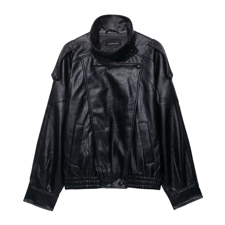 Damen Cropped Kunstleder‑Bomber mit asymmetrischer Druckknopfblende und Funnelkragen Drune