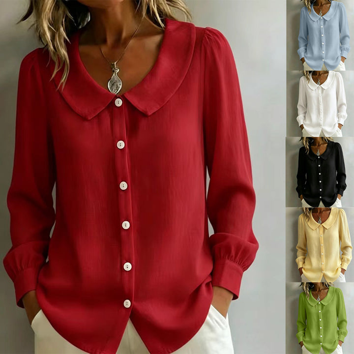 Damen Locker geschnittene Bluse mit Rundkragen, Puffärmeln und Perlmuttknopfleiste Drune
