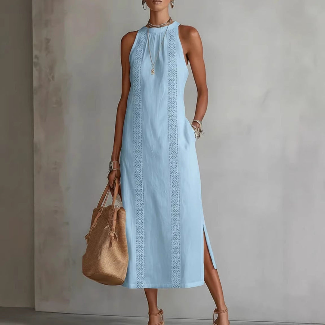 Damen Elegantes Sommer-Maxi-Kleid mit Spitzenapplikation und seitlichem Schlitz Drune