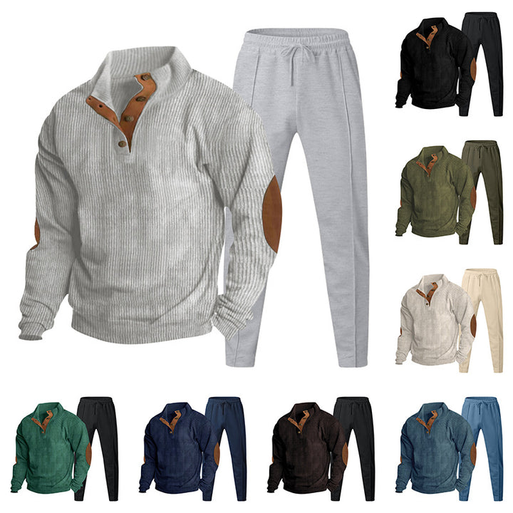 Herren Strukturiertes Henley-Loungewear-Set mit Ellenbogen-Patches & tapered Jogginghose Drune