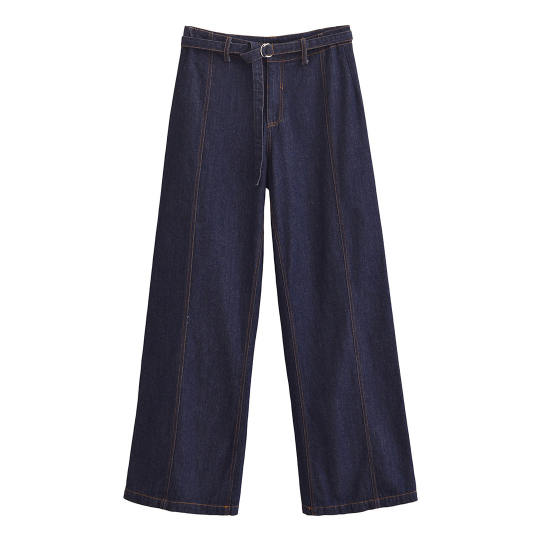 Damen Weite High‑Waist-Jeanshose im Palazzo-Schnitt mit Mittelnaht und D-Ring-Gürtel Drune