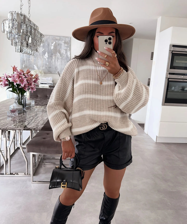 Damen gestreifter Oversized-Pullover mit modischem Rollkragen Drune