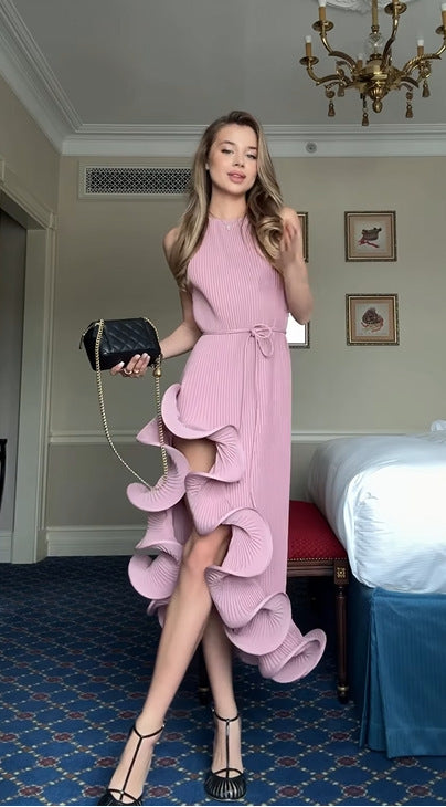Damen Maxikleid mit asymmetrischem Volant und elegantem Faltenrock Drune
