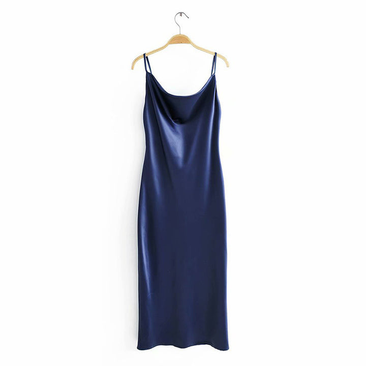 Damen Satin-Midikleid mit verführerischem V-Ausschnitt und Spaghettiträgern Drune