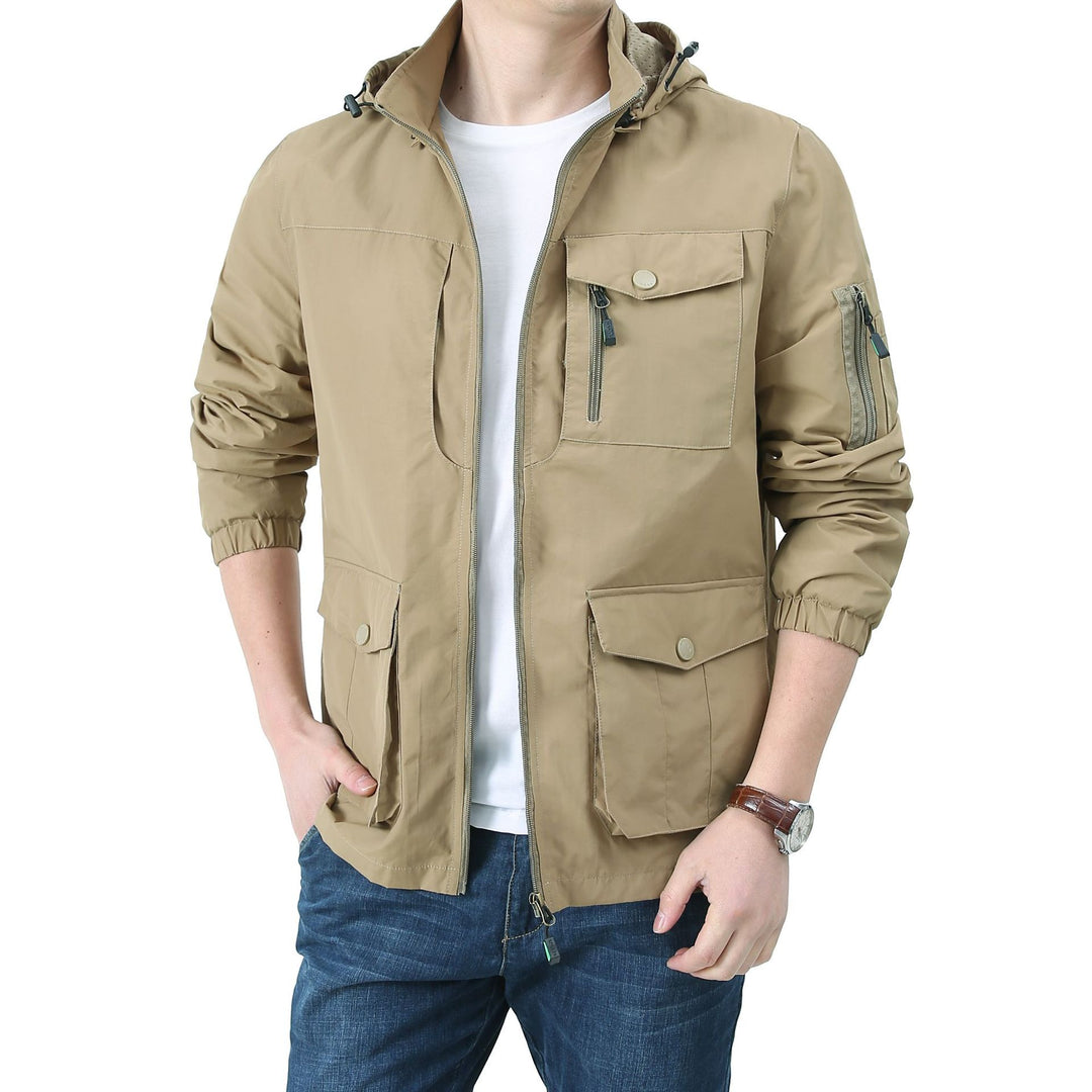 Herren  Kapuzen leichte Utility-Feldjacke mit Mehrfachtaschen, Reißverschluss und Druckknopfverschluss Drune
