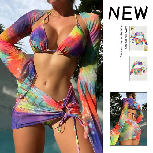 Damen Triangel-Bikini mit transparentem Wickelrock und langen Ärmeln Drune