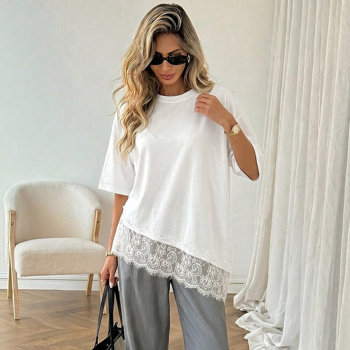Damen Elegantes T-Shirt mit Spitzenrand Drune