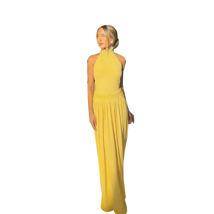Damen elegantes Maxikleid mit hochgeschlossener Silhouette und fließendem Stoff Drune