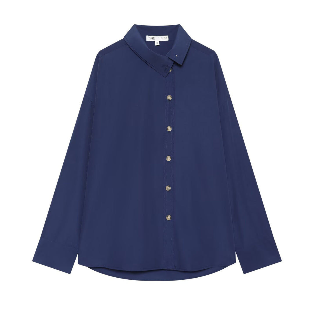 Damen Oversize-Hemdbluse mit durchgehender Knopfleiste und abgerundetem Saum Drune