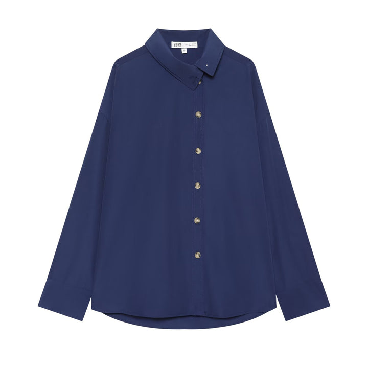 Damen Oversize-Hemdbluse mit durchgehender Knopfleiste und abgerundetem Saum Drune