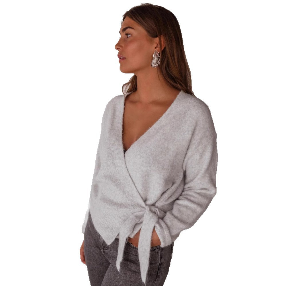 Damen Wickelstrickjacke mit dekorativem Bindegürtel und lässigem Schnitt Drune