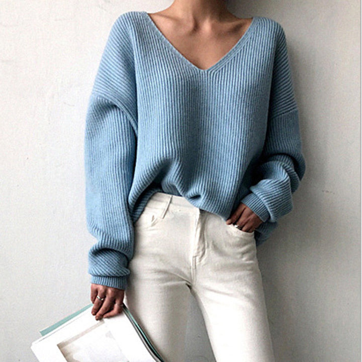 Damen lässiger V-Ausschnitt Pullover mit breiten Ärmeln und strukturierter Textur Drune
