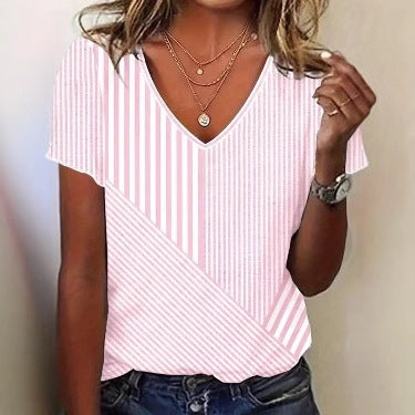 Damen nan gestreifte V-Ausschnitt-Bluse mit asymmetrischem Streifenmix und Kurzarm Drune