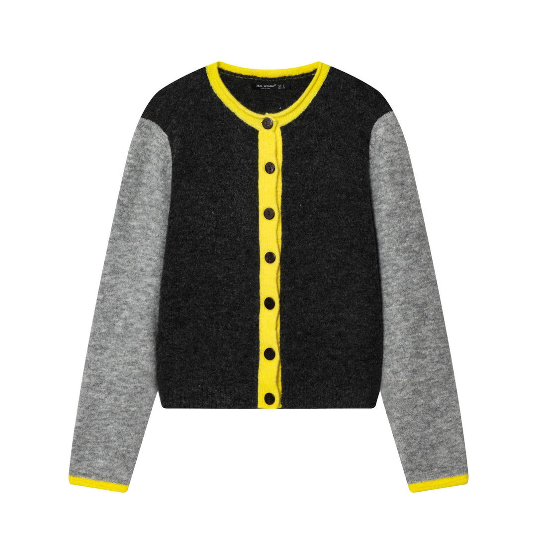 Damen nan kurze zweifarbige Wollcardigan mit kontrastierter Knopfleiste geripptem Saum und Hornknöpfen Drune