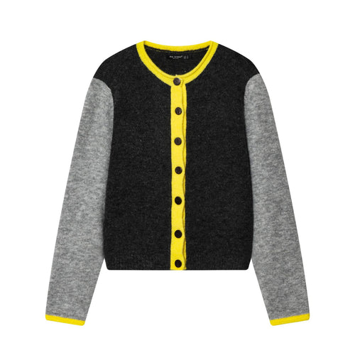 Damen nan kurze zweifarbige Wollcardigan mit kontrastierter Knopfleiste geripptem Saum und Hornknöpfen Drune